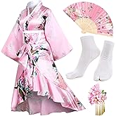Women's Kimono Robe Geisha Yukata Sweet Tuxedo Ruffle Dress Blossom Satin Bathrobe Sleepwear Fans Tabi Socks Set