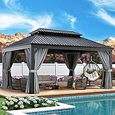 Aoxun 12' X 16' Hardtop Gazebo with Built in Drainage, Aluminum Gazebos | Outdoor Patio Pergola with4.7&rdquo;Posts, Double Roof, Privacy Curtain &amp; Netting,Permanent Pavilion for Garden,Beckyard,Grey