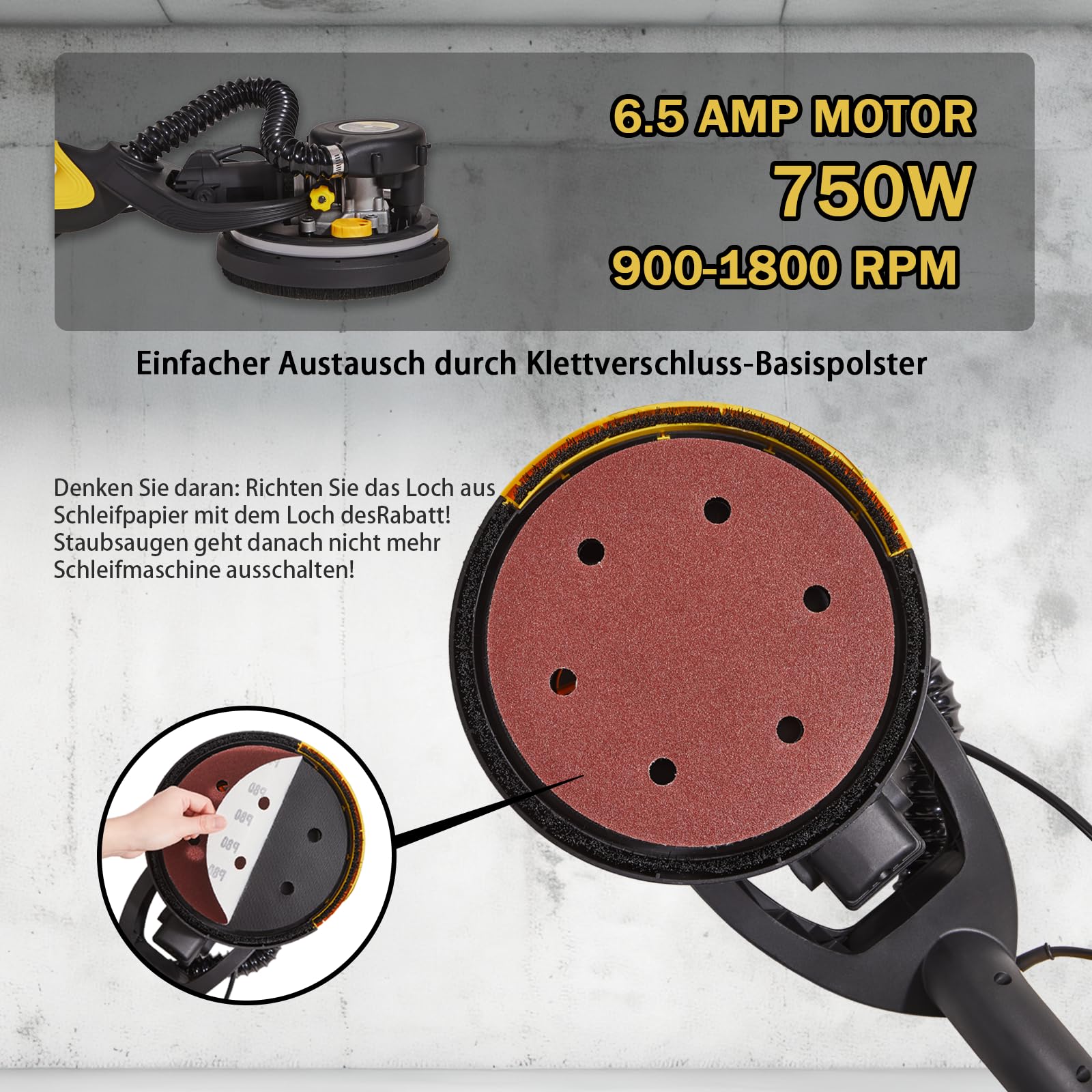 Trockenbauschleifer, 750W Wandschleifer mit Automatischem Vakuumsystem und Ø 214mm Schleifgiraffe inkl Absaugbeutel LED-Licht, 7-Gang Getriebe, 900-1800RPM Deckenschleifer, Faltbarem Griff 3