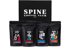 Spine Coffee Club LLC 4-Pack Gourmet Coffee Sampler Gift Box Set with Ethiopia, Sumatra, Guatemala, Kenya Single Origin Selection - Whole Bean