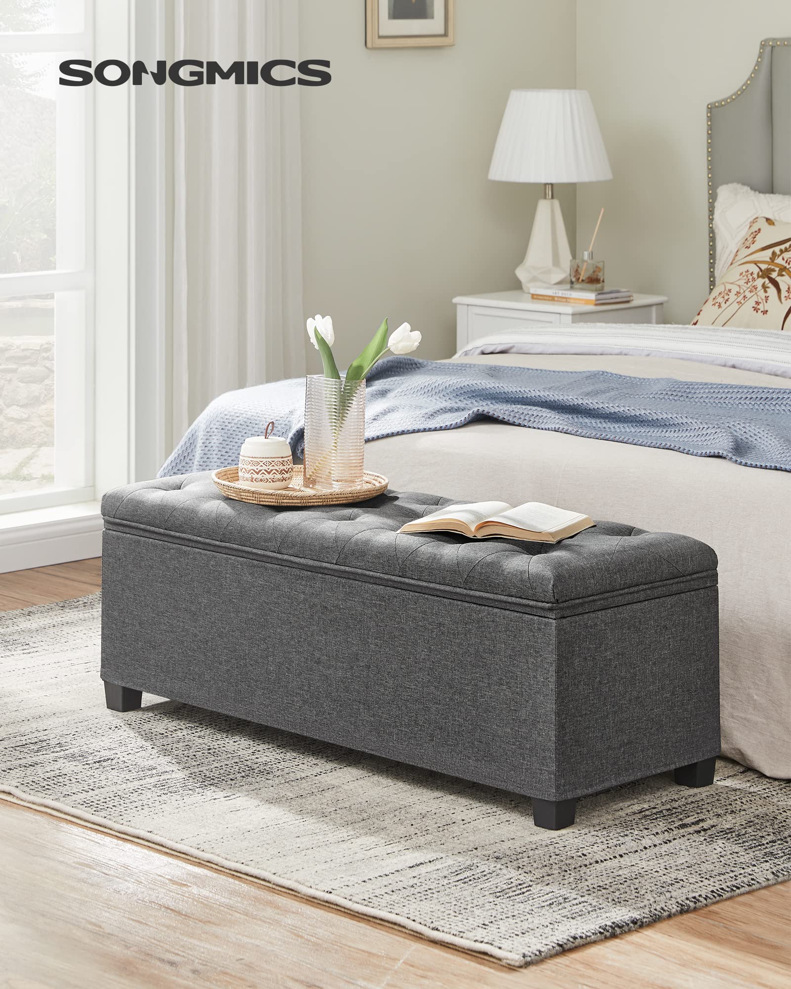 SONGMICS Storage Ottoman Bench, Foot Rest with Legs, 15.7 x 43.3 x 15.7 Inches, End of Bed Bench, Storage Chest, Load up to 660 lb, for Living Room, Bedroom, Entryway, Dark Gray ULSF088G01 - Image 2