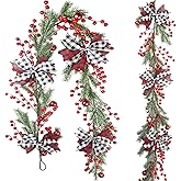 CITYES Artificial Christmas Garlands for Decoration with Berries Ribbon Bows Christmas Balls Faux Greenery Garland Winter Red Berries Hanging Vine for Front Door Mantle Festival Decor Wall Arch Window