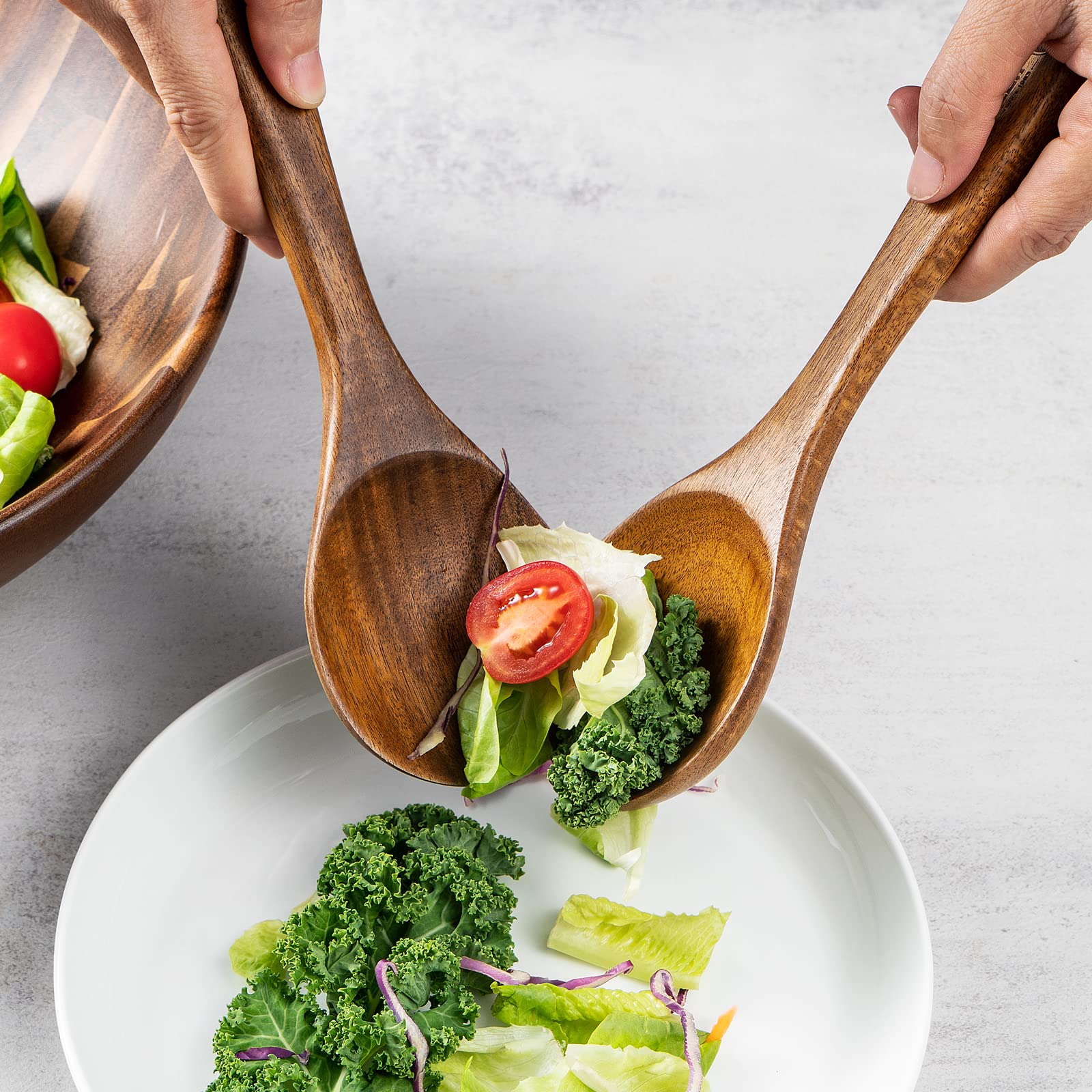 Bill.F Salatschüssel aus Holz, Salatschüssel-Set aus Akazienholz, Große Salat-Rührschüssel mit Servern, 3-teiliges Großes Salatschüssel-Set D30*10cm 8