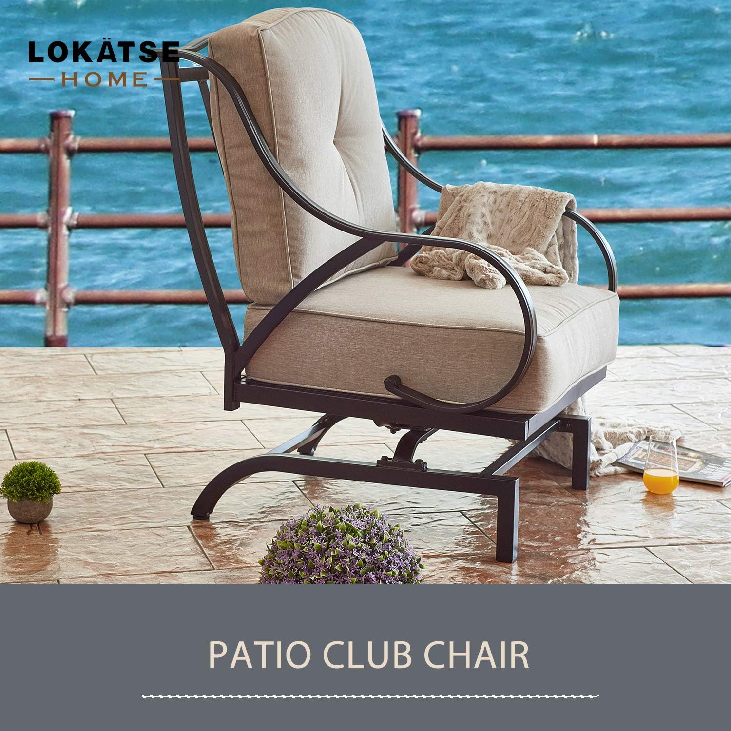 LOKATSE HOME Outdoor Bistro Wrought Iron Furniture Patio Metal Conversation Seating Chair with Thick & Soft Cushions Curved Armrest, Armchair, Beige : Garden & Outdoor