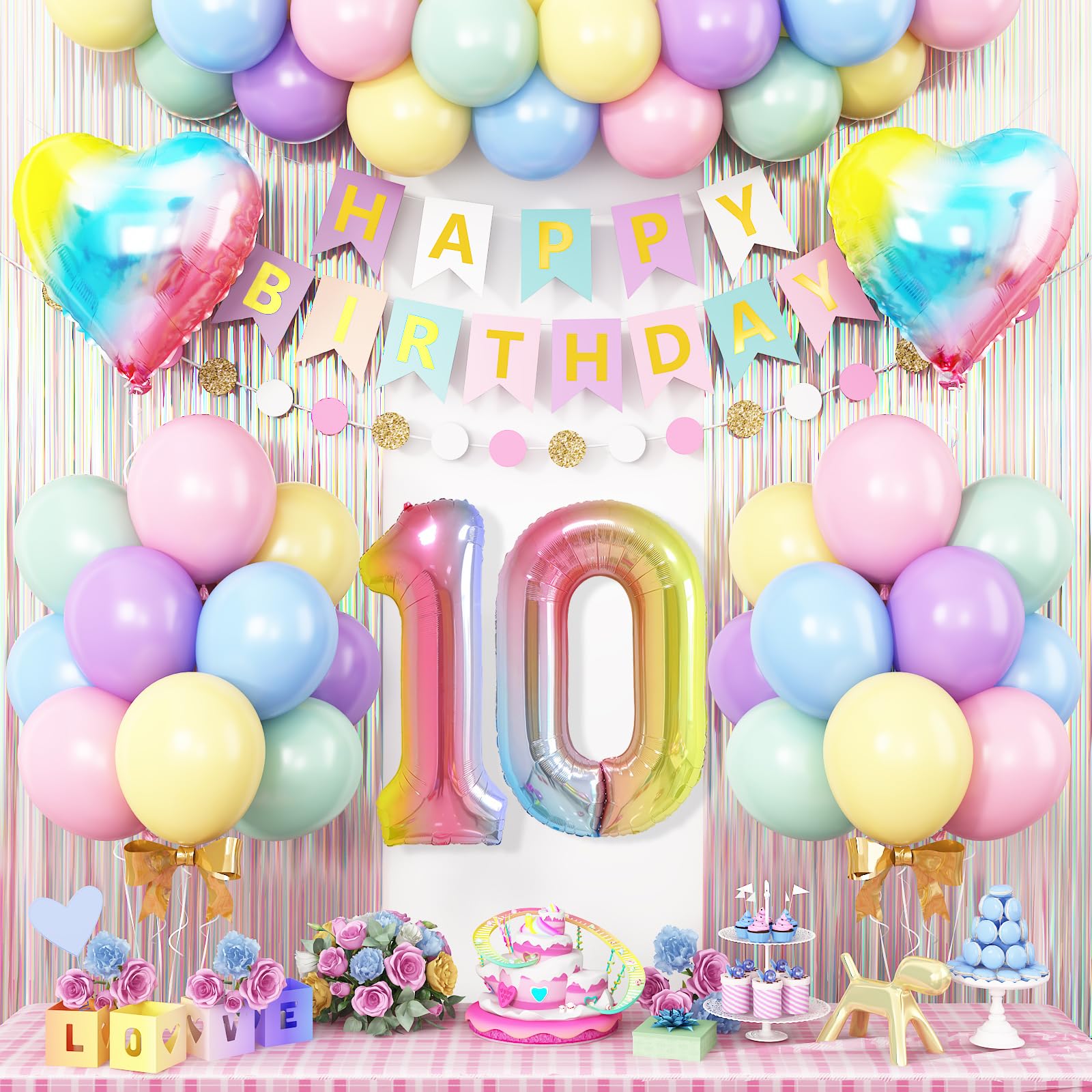 Photo 1 of 10th Birthday Decorations Rainbow,Gradient Number 10 Balloon,Pastel Happy Birthday Banner Fringe Curtain Heart Foil Balloons Boys Girls 10 Year Old Decor