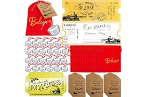 JAPIOR 24 Sets Christmas Polar Express Believe Bells Sliver Bell Santa Gifts Bulk Christmas Ornament Train Ticket with Tags Red Velvet Bag Christmas Movie Party Favors for Xmas Party Tree Decorations