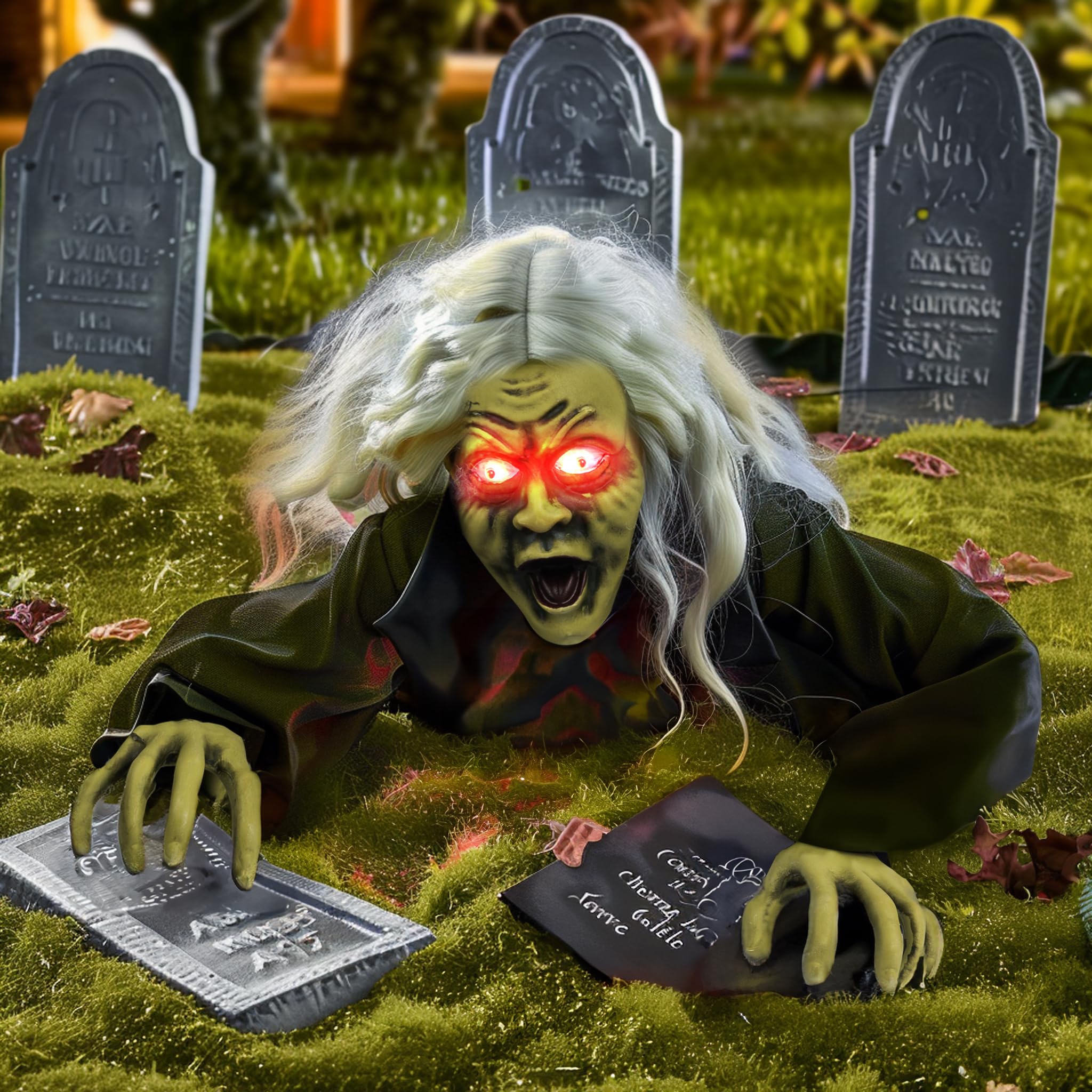 Photo 1 of Hourleey Halloween Outdoor Decorations, Animated Zombie Groundbreaker Climbing Prop with Lighted Eyes and Scary Sound, Halloween Decor for Graveyard Haunted House Indoor Lawn Yard