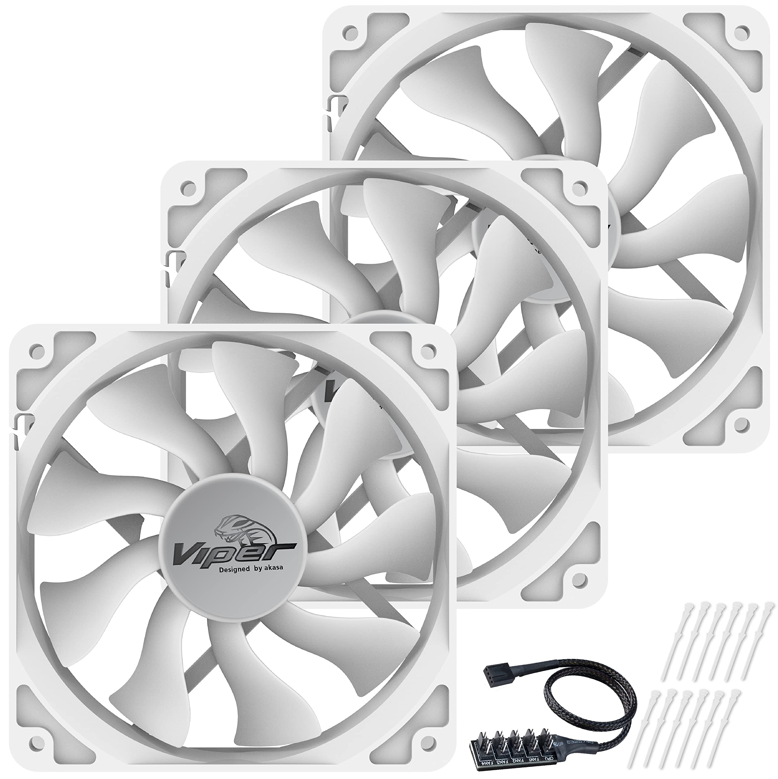 Akasa 120mm Viper White Fan, PWM Case Fan, HDB Long Lifespan Bearing, PWM Splitter Hub and Anti-Vibration Rubber Mounts Included, 3 Pack, AK-FN065-WKT03