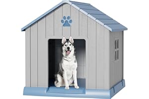 FANCYANGO Large Dog House Indoor Outdoor with Windows for Medium Large Dogs, Weatherproof Puppy Shelter with Elevated Floor & Air Vents, Easy Clean and Assemble (Blue, 37.2L*40W*40H)