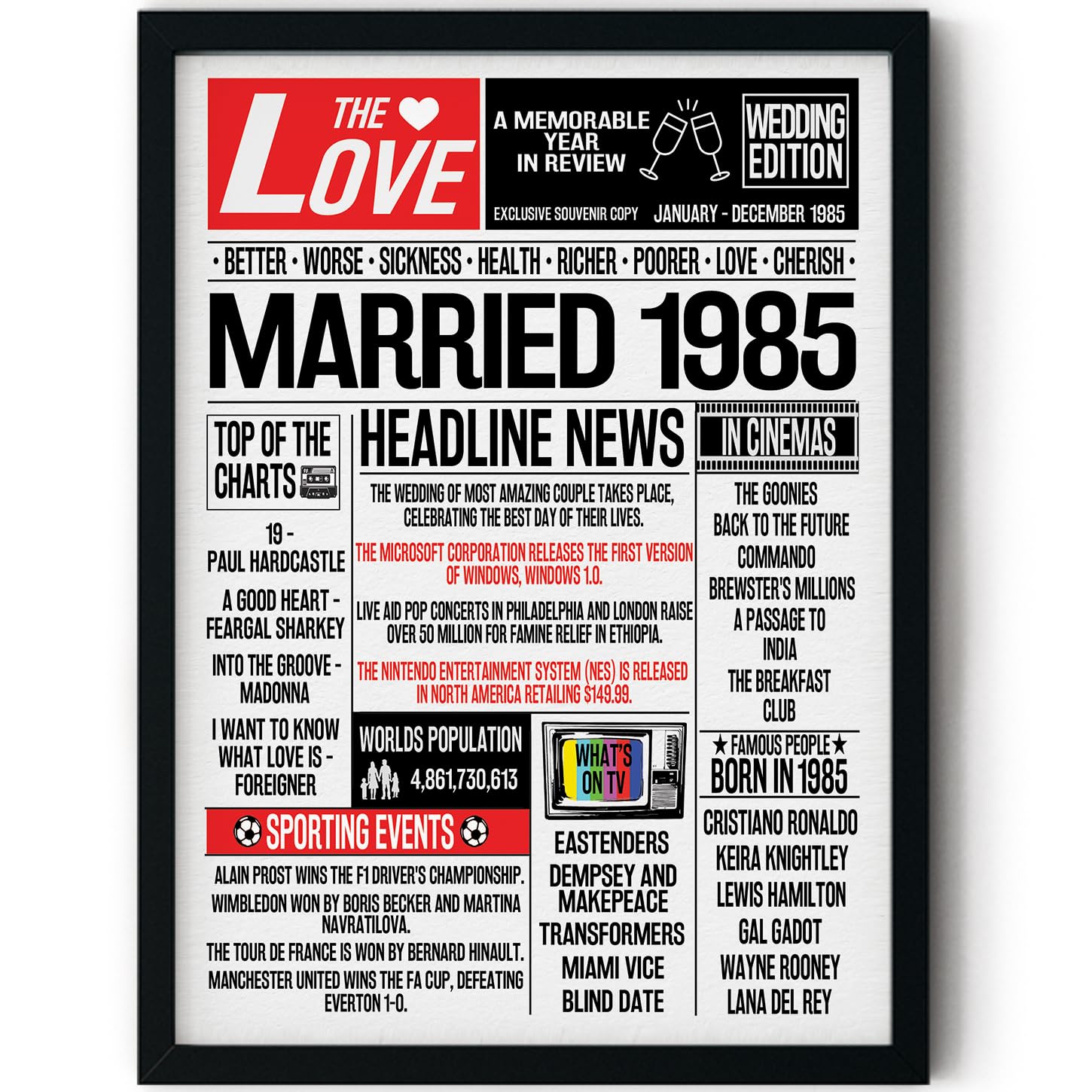 Stuff4 41st Anniversary Poster Framed - Married In 1985 Newspaper - Happy 41st Wedding Anniversary for Men Women Vintage Gifts Retro Back In 1985, 8x10 Inch Anniversaries Posters