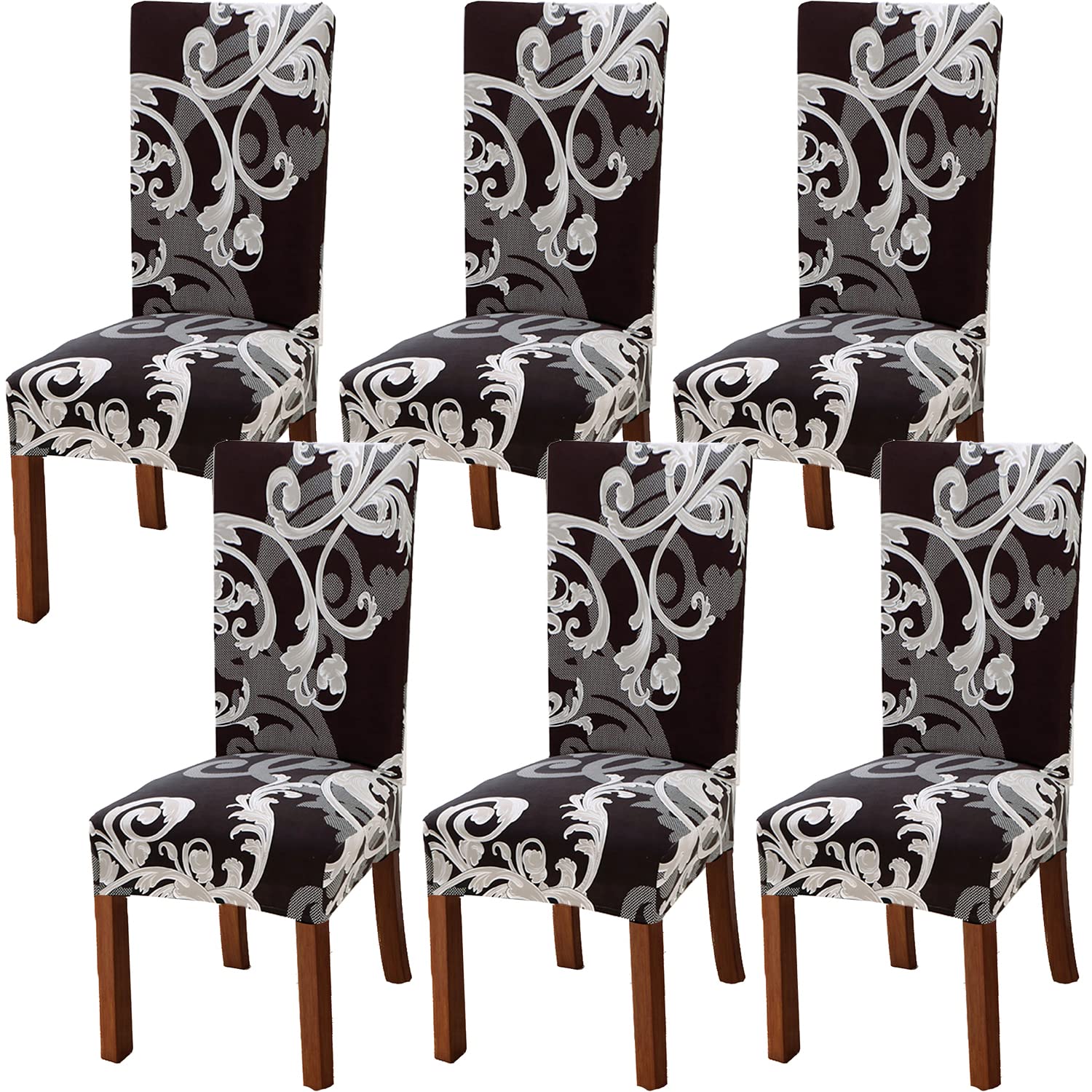 Xundefeng Dining Chair Covers Set of 6 Stretch Slipcovers Elastic Chairs Cover for Kitchen Dining Room Dark Brown Flower