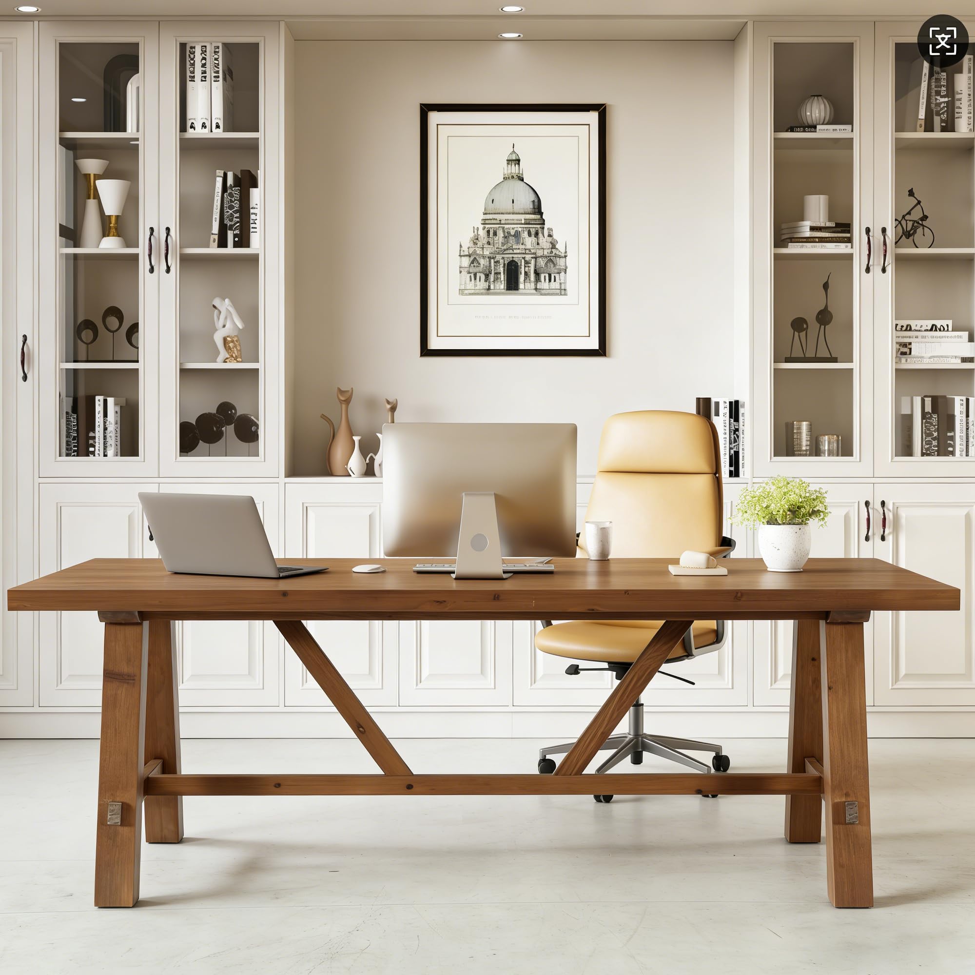 Photo 1 of LITTLE TREE 70.87" Long Large Wood Desks, Solid Wood Office Desk, Farmhouse Executive Computer Desk, Home Office Workstaticon, Work Writing Table, Rustic Brown