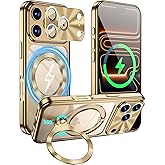 Ougsuico Compatible with iPhone 17 pro max Case with CD Metal Ring Stand CD Full Camera Protection Electroplated Magnetic Cover Shockproof Military Drop Protection for Woman Men Gold