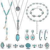 Florideco Bohemian Turquoise Jewelry for Women Men Western Set Adjustable Belt Rings and Necklace Vintage Drop Earrings Bracelet Boho Turquoise Jewelry for Women