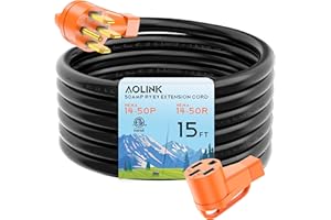 AOLINK 50 Amp RV/EV Extension Cord 15 Feet, Heavy Duty STW Wire, NEMA 14-50P to 14-50R, for Tesla Model 3/S/X/Y EV Charging and RV Trailer Campers