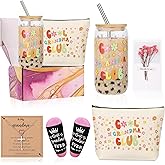 FUNICGIF Grandma Gifts Basket 7pcs Mother's Day Birthday Best Great Grandmother ever Gigi Gift 16oz Drinking Glass Cups Necklace Socks Make up Bag Cool Grandma Club