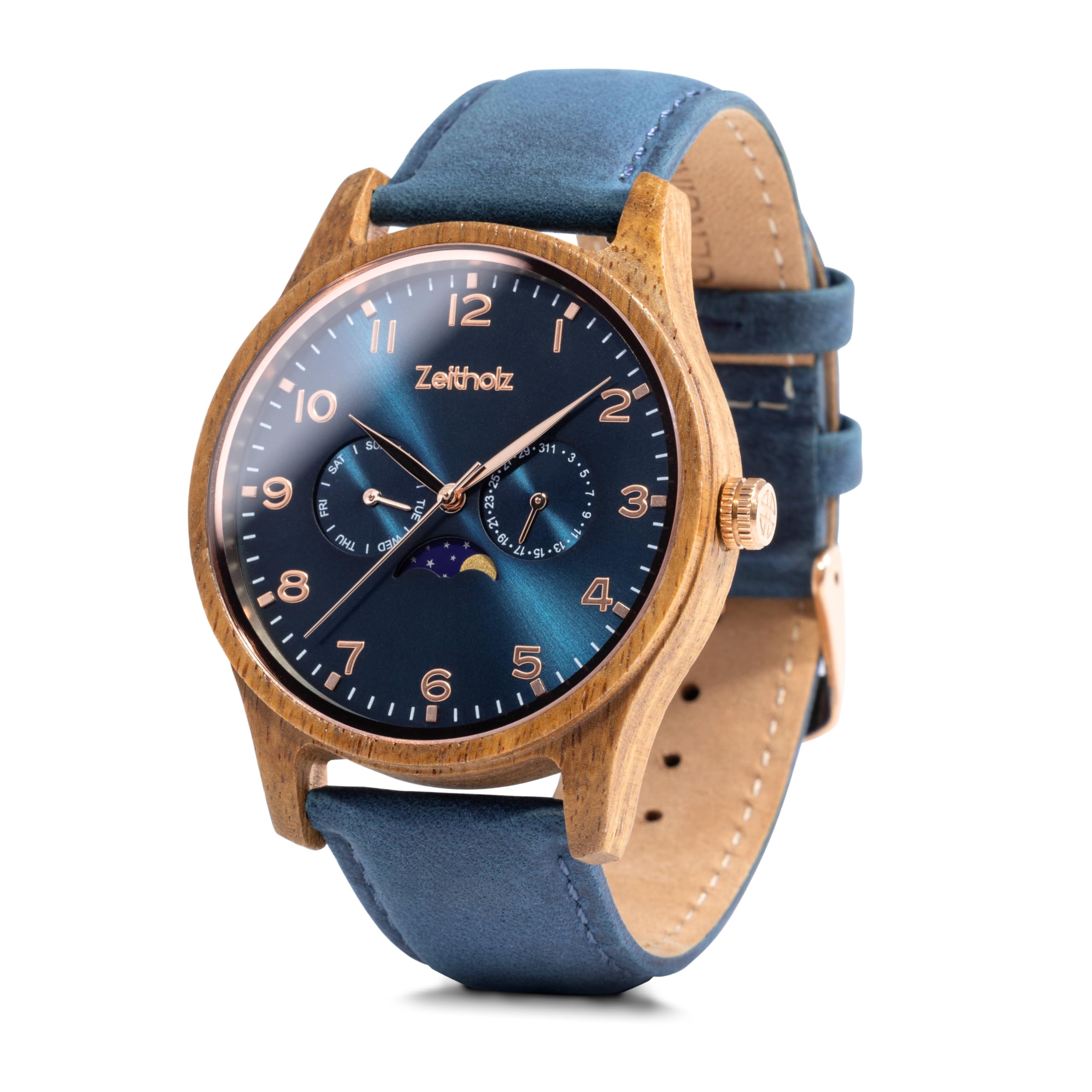 Zeitholz Holzuhr Herren, für Herren, Armbanduhr, Neue Klitten Kollektion, Analog, 42mm, 100% Naturholz mit Japanischem Quarzwerk. Zeitloser Stil, nachhaltiger Luxus. (Blau)