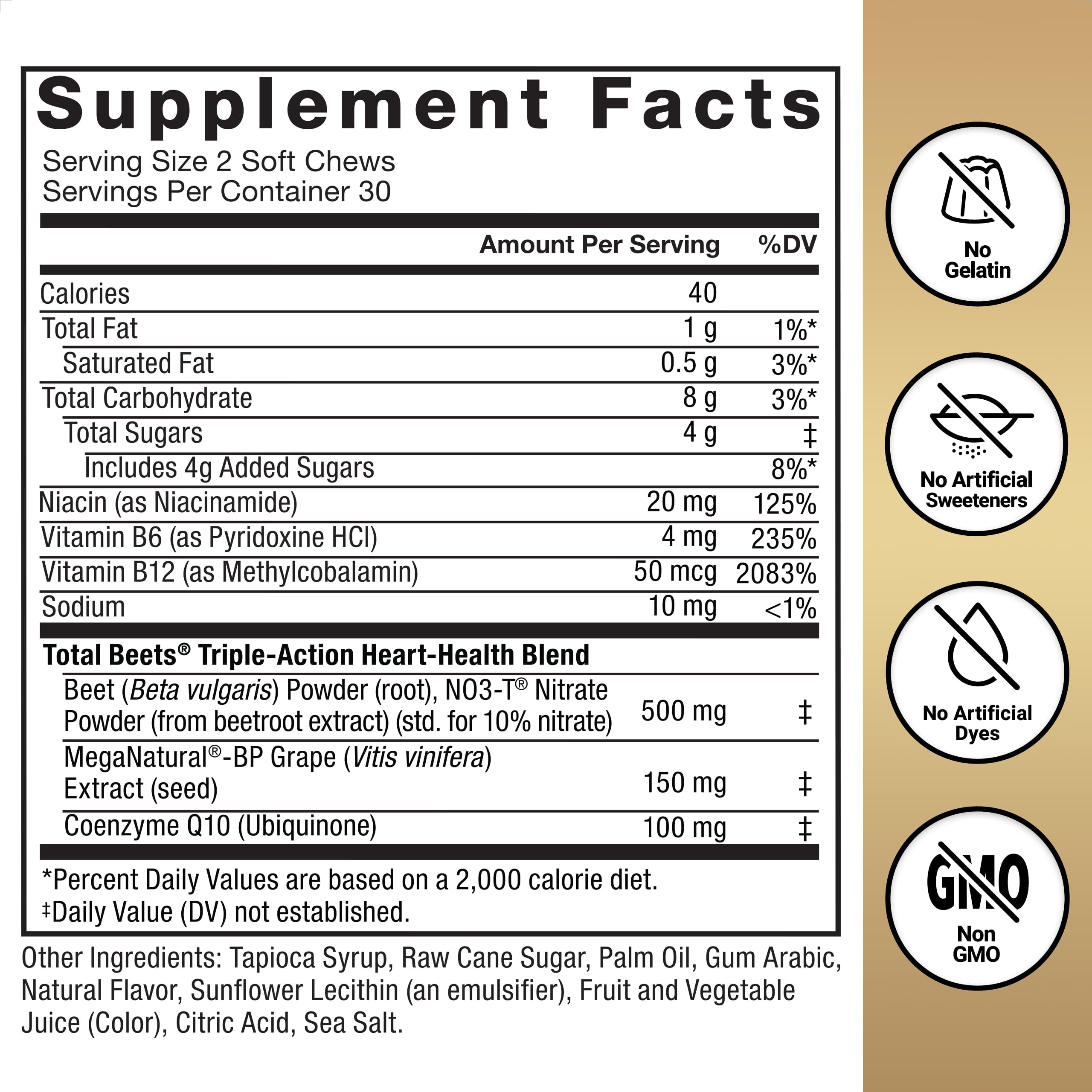 FORCE FACTOR Total Beets Ultimate Heart Health Chews for Blood Pressure Support, with Beetroot Powder, CoQ10, B Vitamins & Grapeseed Extract for Blood Flow & Energy, Pomegranate Berry, 60 Soft Chews
