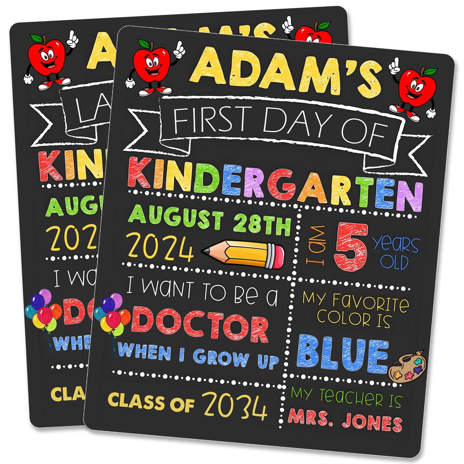Photo 1 of Smilelife 2024 New First and Last Day of School Sign Board - Double Sided Kindergarten Preschool Sign Chalkboard Photo Prop for Kids Boys Girls (Apple)