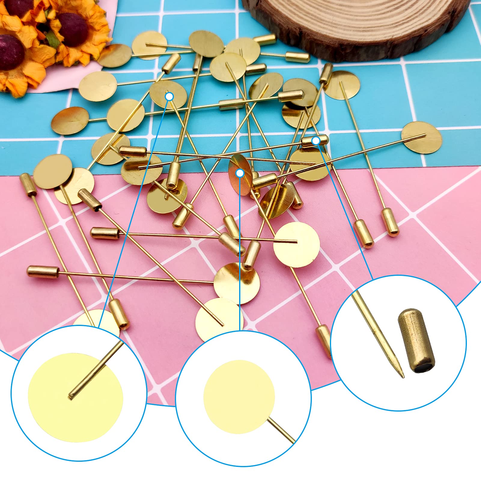 60Pcs Flat Round Tray Lapel Pin for Craft,Gold Safety Stick Pins Stainless Steel Brooch Pin Needle Suit Tie Hat pin Scarf Badge for DIY Costume Jewelry Making Accessories