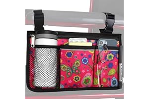 HSGEZUOQI Wheelchair Side Bag, Upgrade Flower Color Armrest Storage Pouch with Cup Holder and Reflective Strip Use of Waterproof Fabric, for Most Wheelchairs, Walkers or Rollators (Red Butterfly)