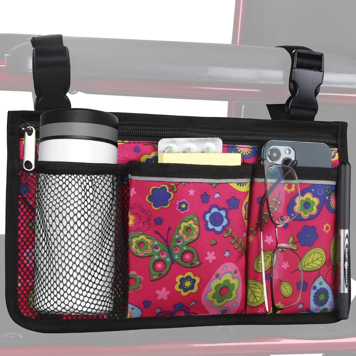 HSGEZUOQI Wheelchair Side Bag, Upgrade Flower Color Armrest Storage Pouch with Cup Holder and Reflective Strip Use of Waterproof Fabric, for Most Wheelchairs, Walkers or Rollators (Red Butterfly) — image 1