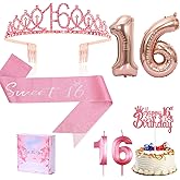 16th Birthday Candle Sash and Tiara,”Sweet 16th“ Birthday Sash Rhinestone Crown Happy Birthday Cake Topper 32inch Foil Balloon for Girls 16th Birthday Gift Party Decorations Supplies (Rose 16th)