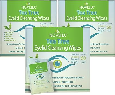 NOVEHA Tea Tree Oil Eyelid & Lash Wipes with Hyaluronic Acid 3 Pack