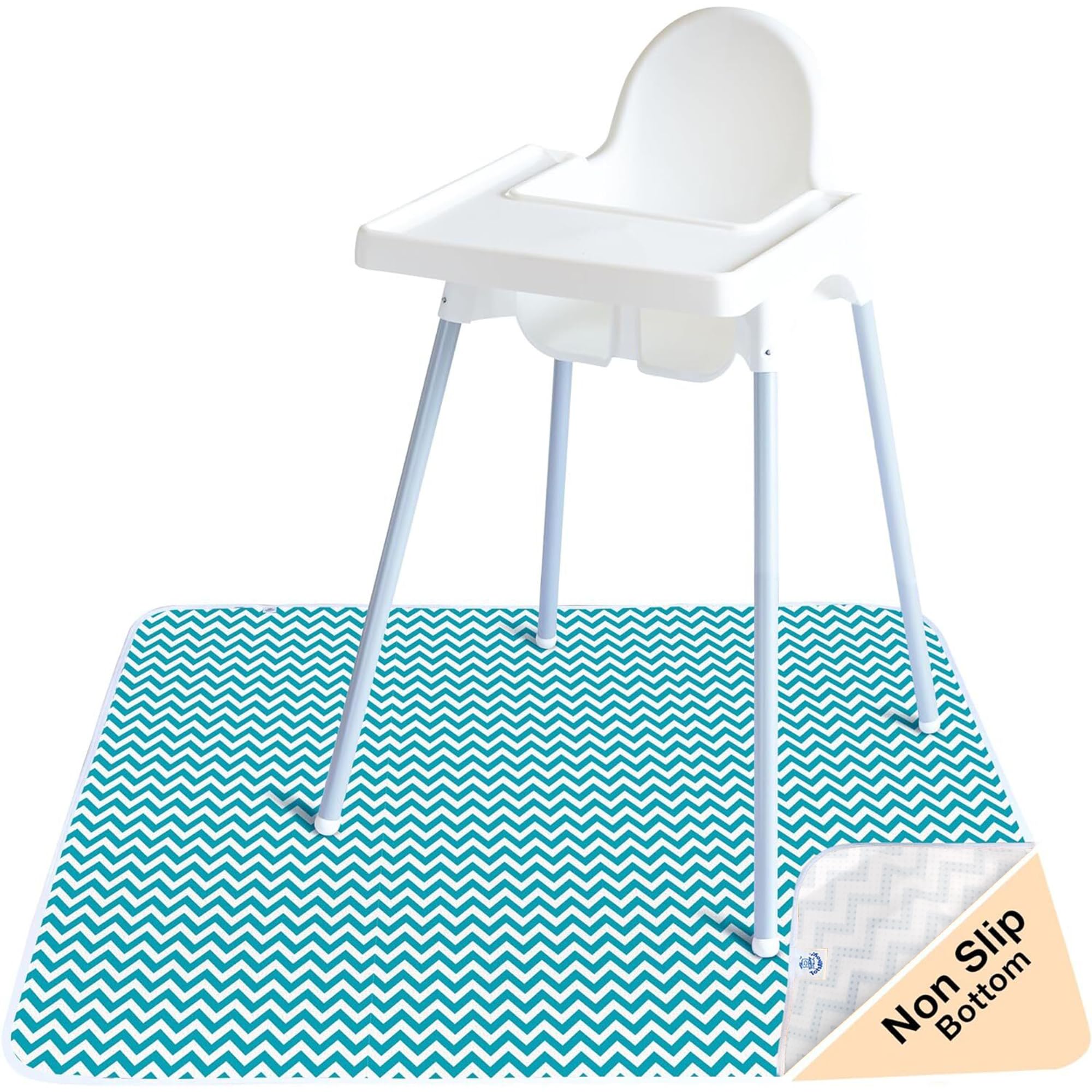 TotsAhoy! Non Slip Splash Mat for Under Highchair - Floor Protector & Play Mat - Waterproof Non Slip - Great for Baby, Craft, or Play (Aqua Chevron)