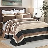 DDUOXIN Oversized Queen Bedspread 102"x120" - 100% Cotton Lightweight Thin Quilt for California Bed with 2 Pillow Shams, Farmhouse Stripe Reversible Soft Coverlet Sets, Charcoal/Brown/Beige/Tan