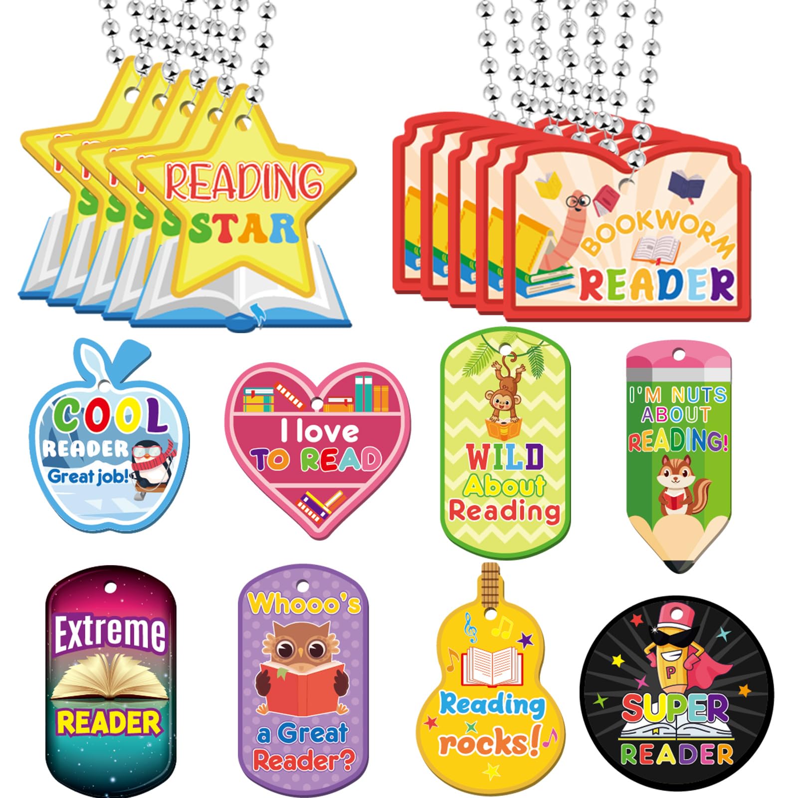 Photo 1 of Liliaafar 100 Pack Student Reading Incentives Dog Tag with Necklaces Cardstock Recognition Award Education Reward Prizes Gifts Bulk for School Classroom Teacher Supplies, 10 Styles
