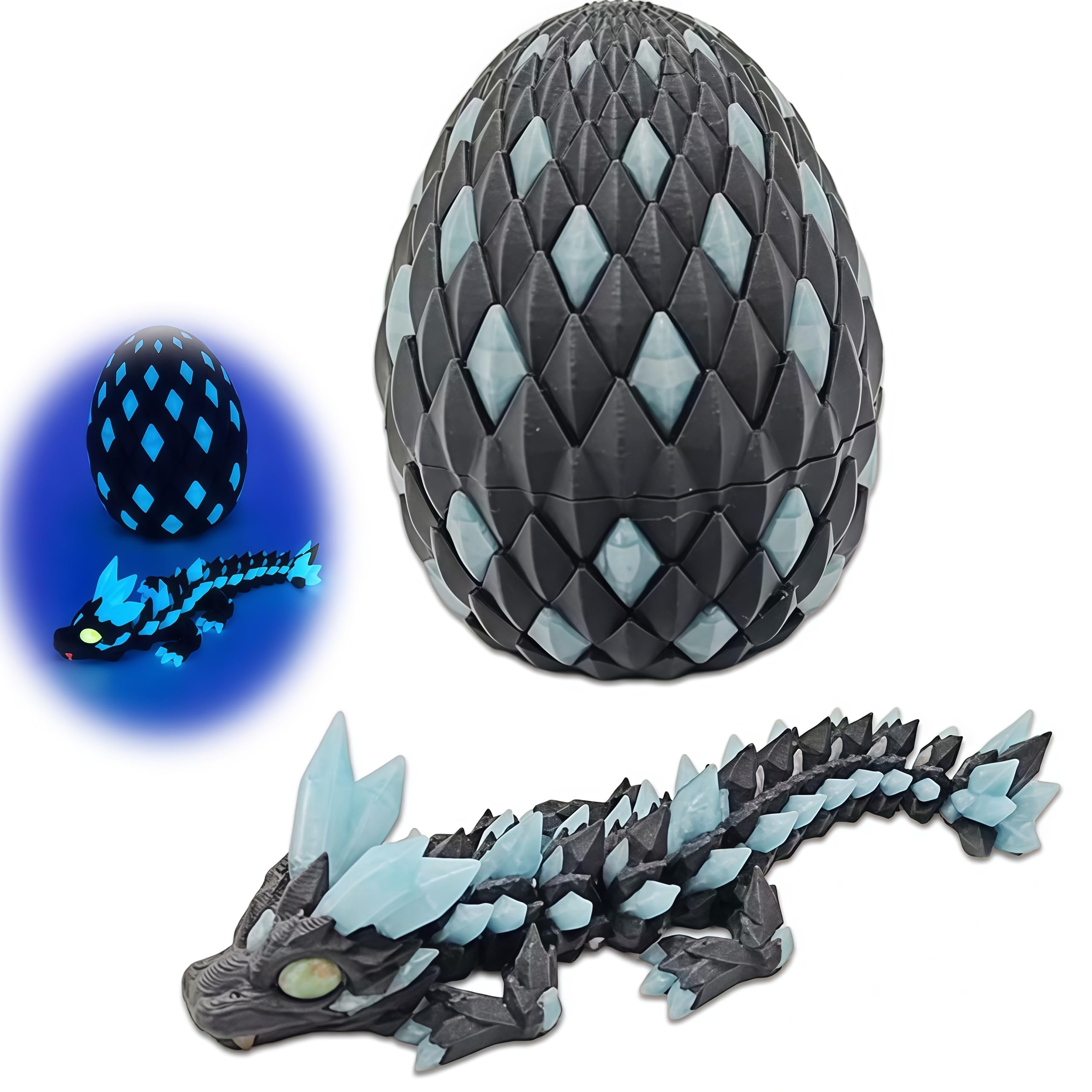 3D Printed Dragon Eggs with Dragon Baby Inside, in The Dark Cool 3D Printer Articulated Animals Fidget Toy, Home Office Desk Decor, Gift for Kids, Teens, Boys, Girls(Nightglow blue)