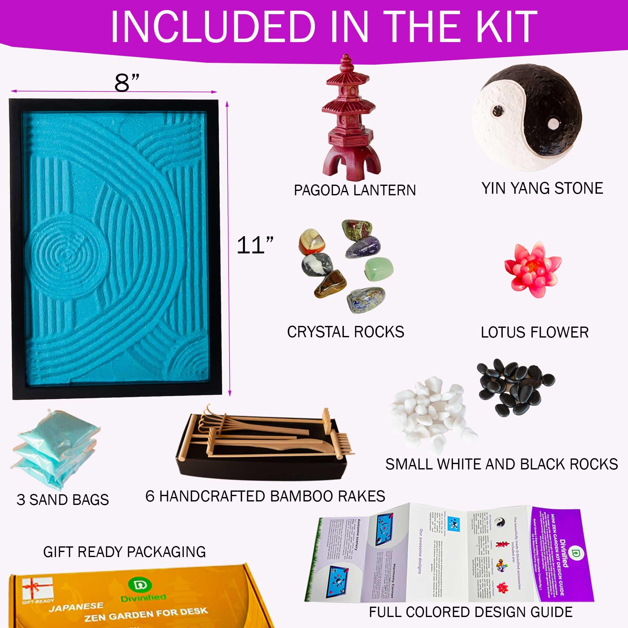 Premium Zen Garden for Desk, Sand Tray Therapy Kit, Therapy Office Decor, 11x8in - 11 Japanese Desktop Zen Garden Accessories and Meditation Accessories for Home and Office Relaxation