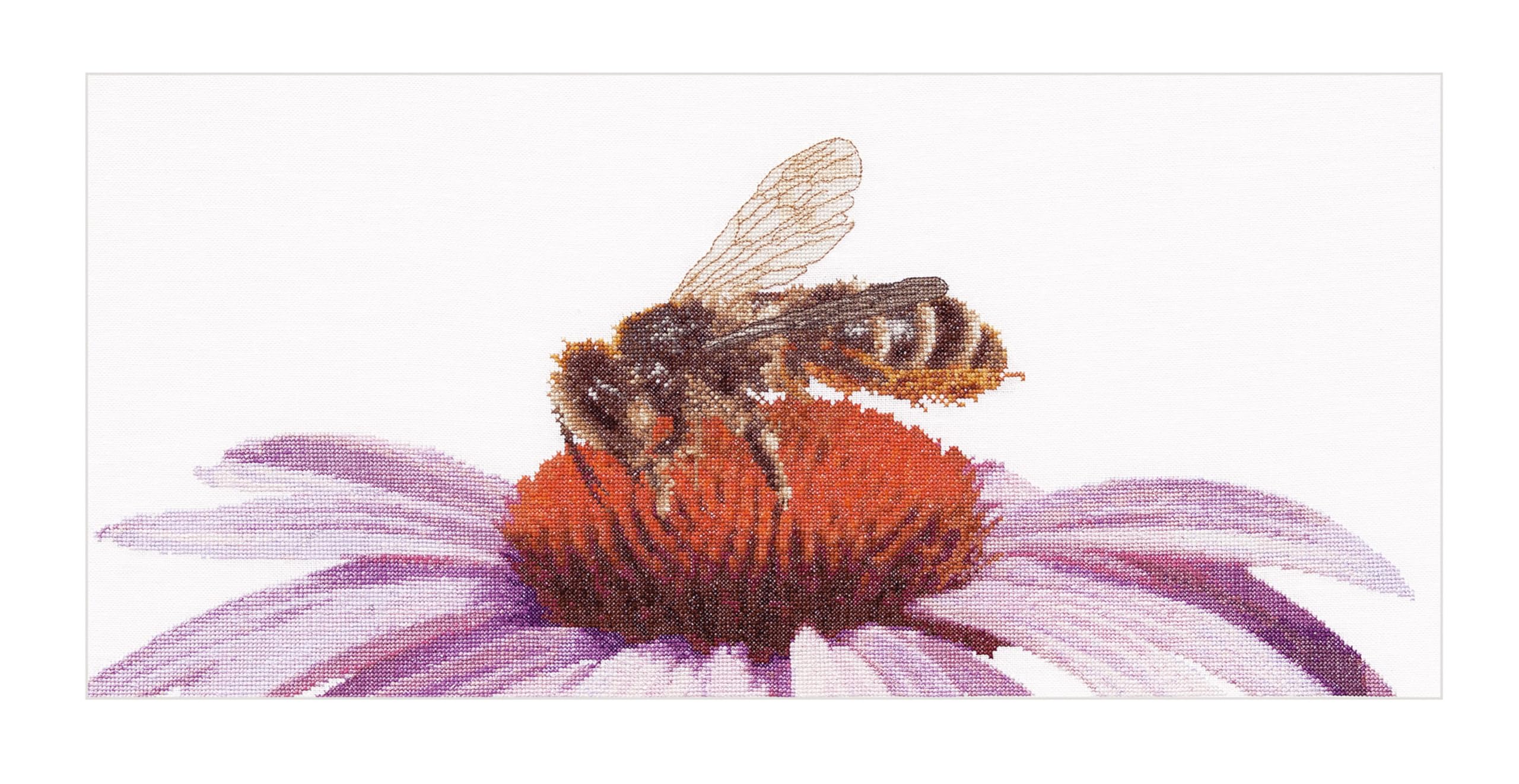 Thea Gouverneur - Counted Cross Stitch Kit - Bee on Echinacea - Aida - 18 count - Embroidery Kit for Adults - DMC Embroidery Threads and other Cross Stitch Supplies Included - 549A