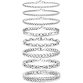 REVOLIA 8Pcs Stainless Steel Chain Bracelets for Men Women Cuban Link Bracelets Paperclip Figaro Rope Chain Bracelets Set 6.8-9 Inches