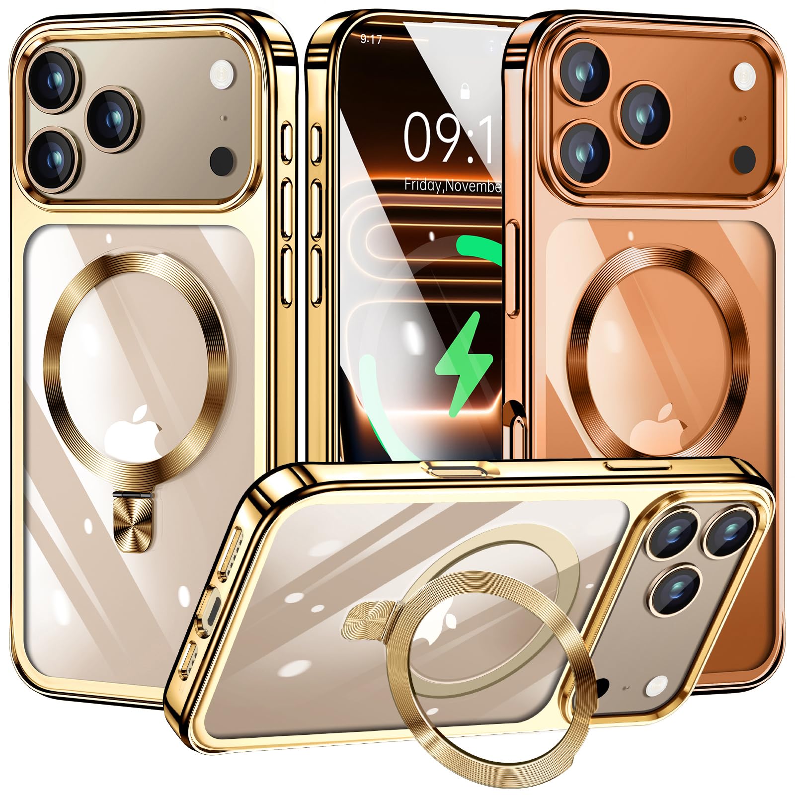 Photo 1 of [CD Ring Compatible with MagSafe Invisible Stand]Magnetic for iPhone 17 Pro Case, [Electroplated Bumper Non-Yellowing][Look as Bare iPhone]Slim Clear Case with Holder for Women Men Girls, Gold