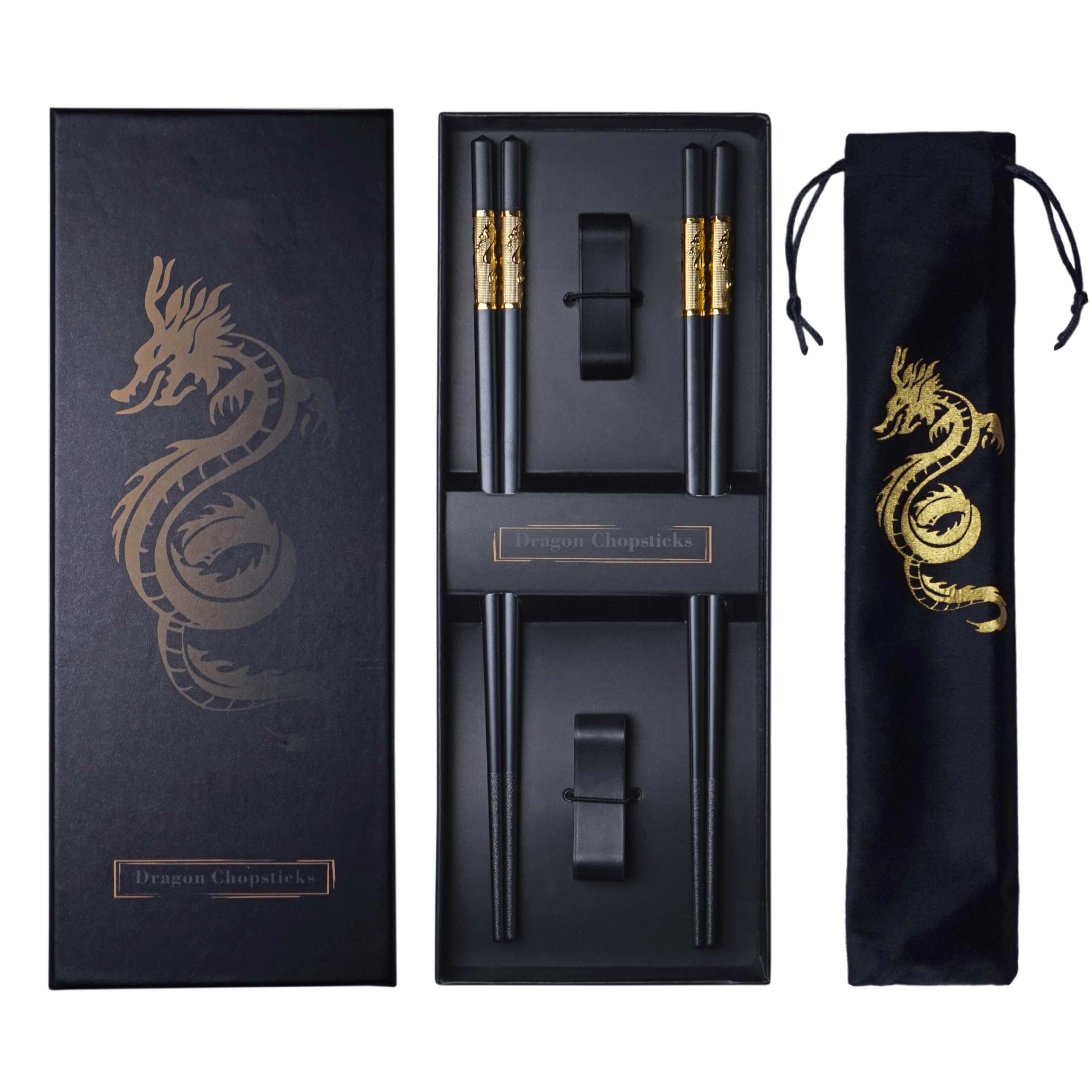 Premium Dragon Design Fibreglass Chopsticks – Reusable, Dishwasher Safe, Non-Slip – 2 Pairs Gift Set with Holder & Carry Bag (Golden Dragon)