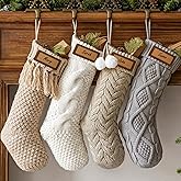 Pawliss Personalized Knitted Christmas Stockings: 4 Pack 18 Inch Cable Knit Christmas Stockings, Cozy Hanging Xmas Stockings Boho Farmhouse Decorations for Family Holiday Décor, White Gray Beige