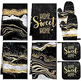 Leinuosen 8 Pcs Black Marble Kitchen Decor Dish Towels and Oven Mitts Sets Pot Holders and Dishcloths Farmhouse Kitchen Accessories Decorative Set for Chef Baking Cooking Daughter Mom Gift