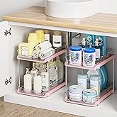 Delamu 2-Tier Multi-Purpose Bathroom Under Sink Organizers and Storage, Stackable Kitchen Pantry Organization, Pull Out Medicine Cabinet Organizer with Movable Dividers, Pink, 2 Pack