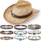 Twistover Straw Cowboy Hat for Women with 9 Replacement Hat Belts Bands - Beige Western Cowgirl Hat for Summer & Party