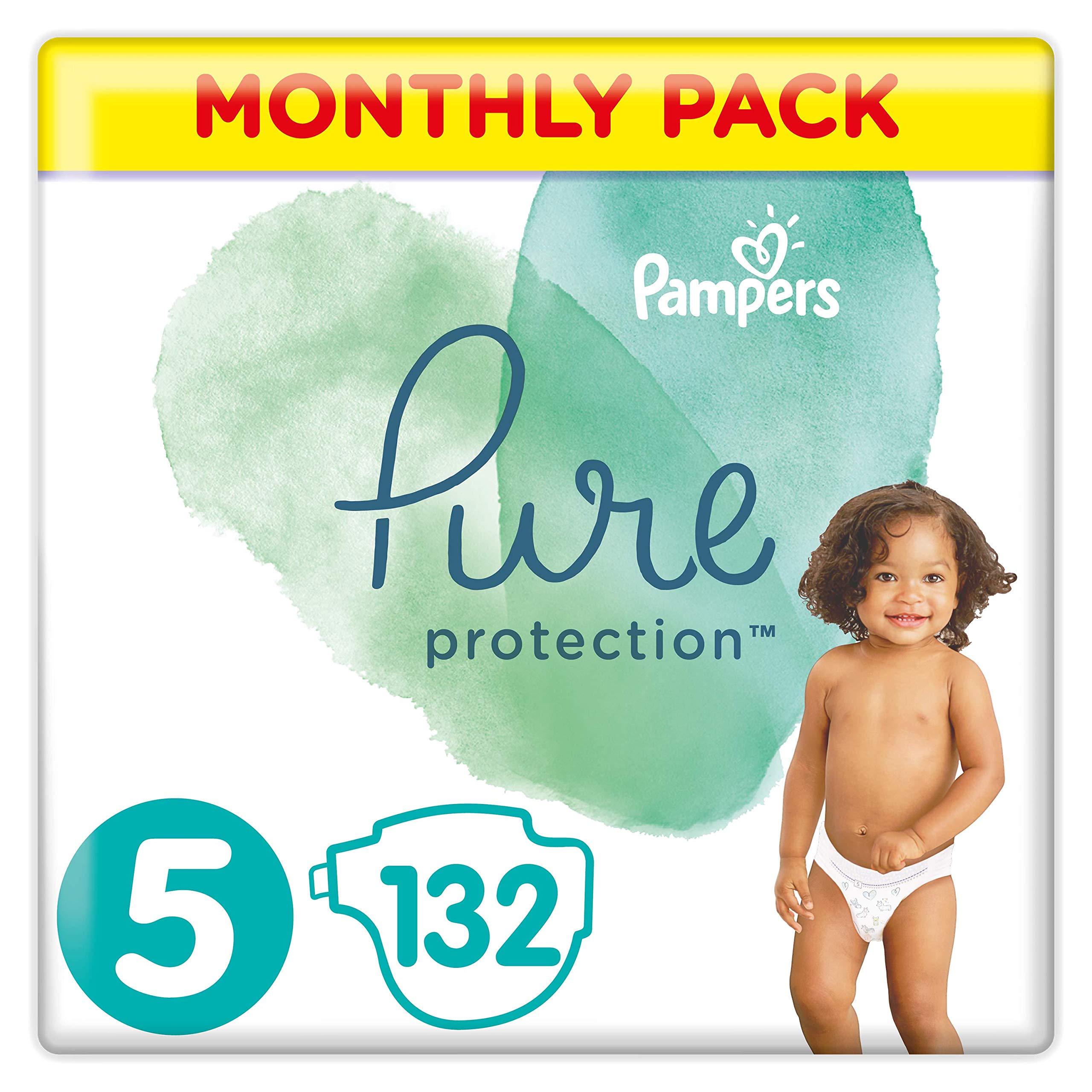 Pampers Baby Nappies Size 5 (11-16 kg / 24-35 lbs), Pure Protection (Harmonie), 132 Count, MONTHLY SAVINGS PACK, Premium Cotton & Soft Plant-Based Fibres