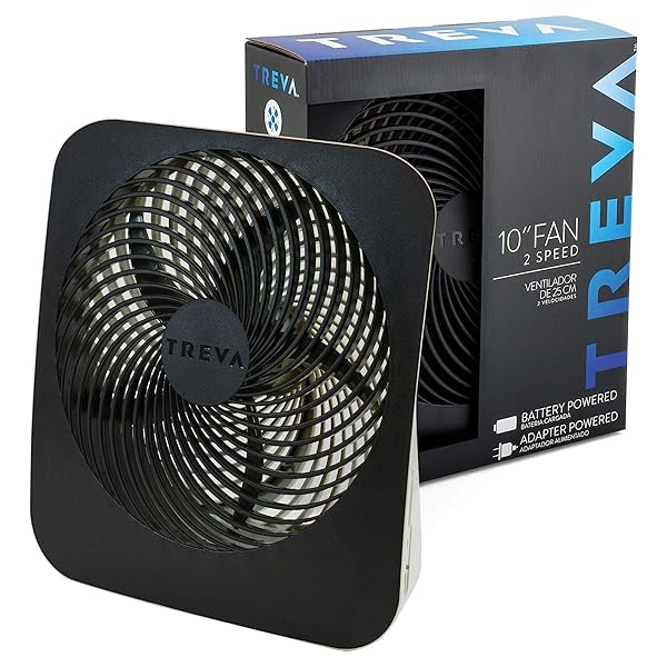 TREVA 10-INCH PORTABLE FAN, POWERED BY BATTERY AND/OR AC ADAPTER – DESK FAN AIR CIRCULATING WITH 2 COOLING SPEEDS FOR PERSONAL AND TRAVEL USE (BLACK) (OOS)