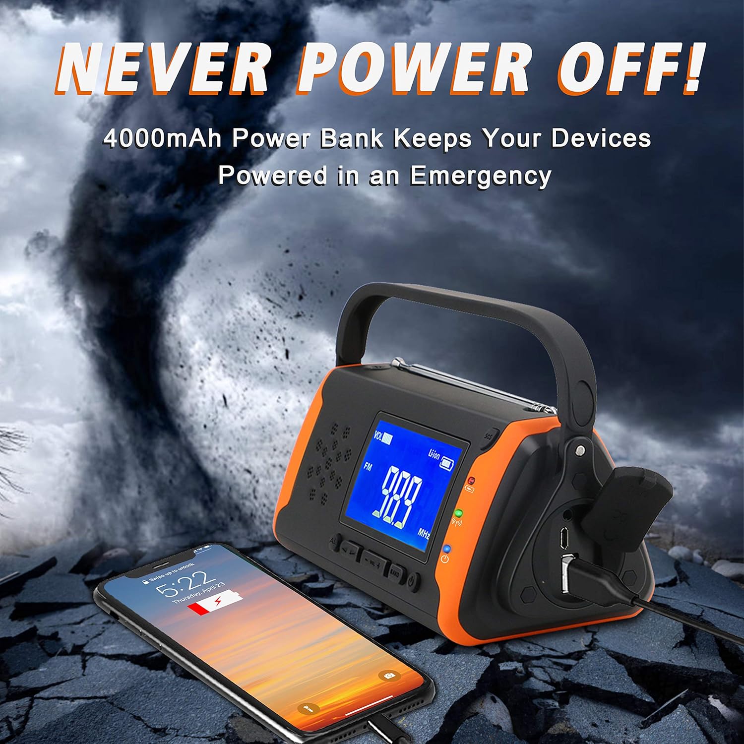 Emergency Weather Crank Radio 4000mAh - Portable, Solar Powered, Hand Crank, AM/FM/NOAA Weather Alert Radio, Aux Music Play, USB Cell Phone Charger, SOS Alarm, LED Flashlight for Hurricanes,Tornadoes: Home Audio & Theater