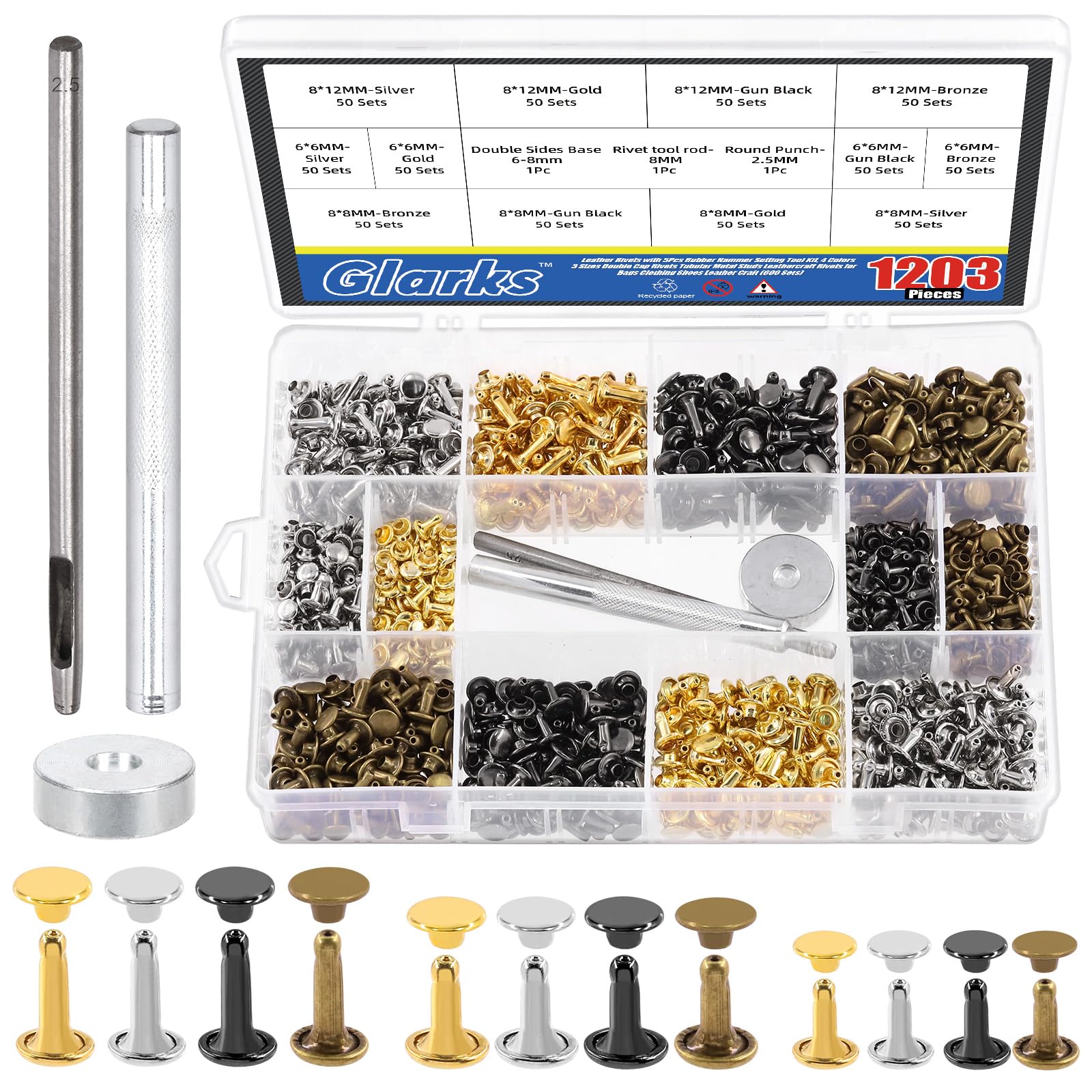 Glarks 600 Sets Leather Rivets with 3Pcs Setting Tool Kit, 4 Colors 3 Sizes Double Cap Rivets Tubular Metal Studs Leathercraft Rivets for Bags Clothing Shoes Leather Craft