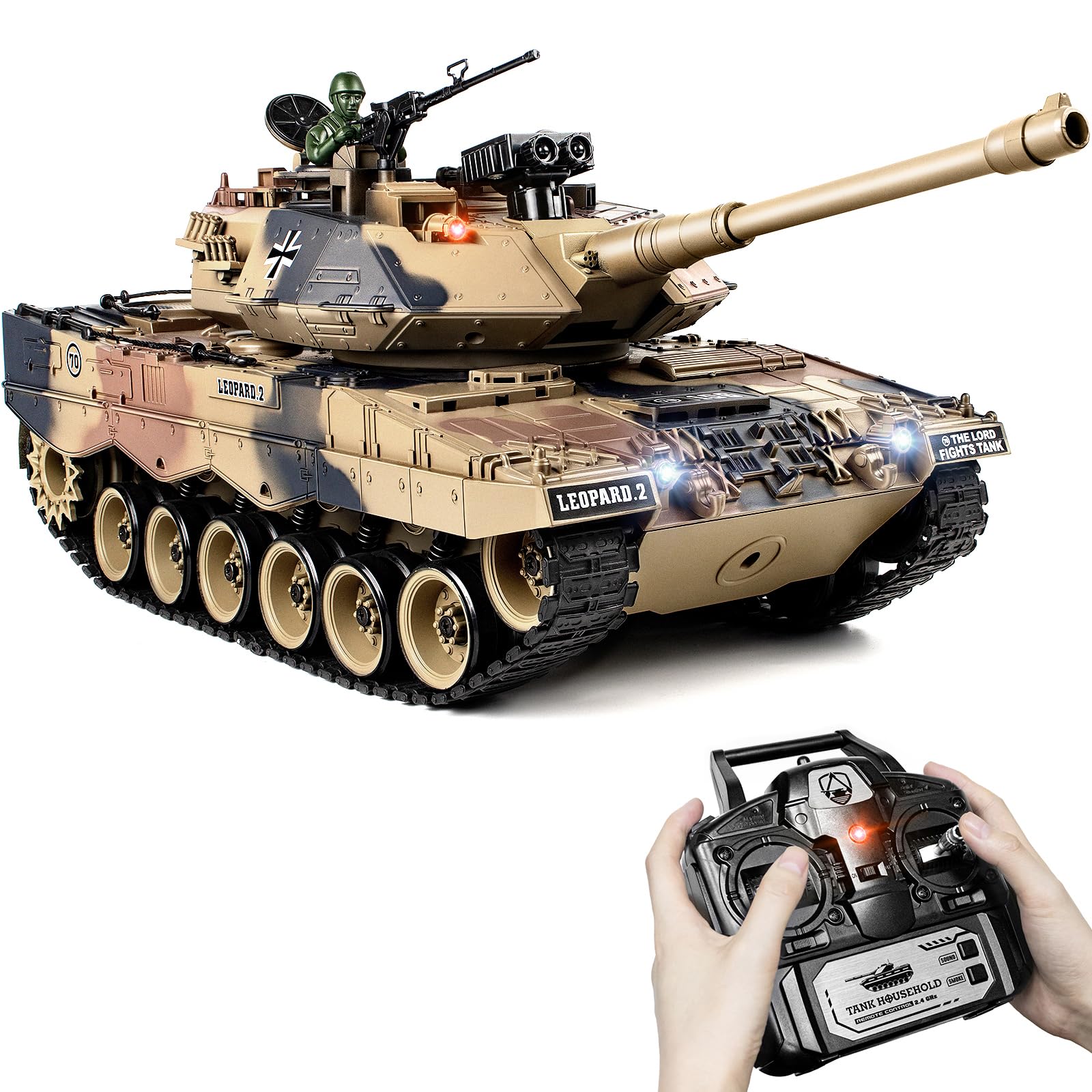 1:18 RC Tank, 2.4Ghz German Leopard II Remote Control Model Toys, RC Vehicle Tank That Shoots BBS and Water Bombs for Adults and Kids, Military Army Toys with Smoke, Lights, Sound and Recoil