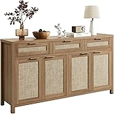 HOKYHOKY Rattan Sideboard Buffet Cabinet, Boho Storage Cabinet with Adjustable Shelves, Farmhouse Credenza Coffee Bar Cabinet