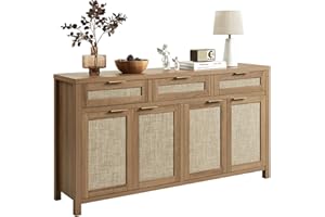 HOKYHOKY Rattan Sideboard Buffet Cabinet, Boho Storage Cabinet with Adjustable Shelves, Farmhouse Credenza Coffee Bar Cabinets with 4 Doors & 3 Drawers for Living Room, Hallway & Kitchen