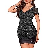 Women's Sparkly Sequin Tops Short Sleeve Glitter Casual Summer V-Neck Ruffle Top
