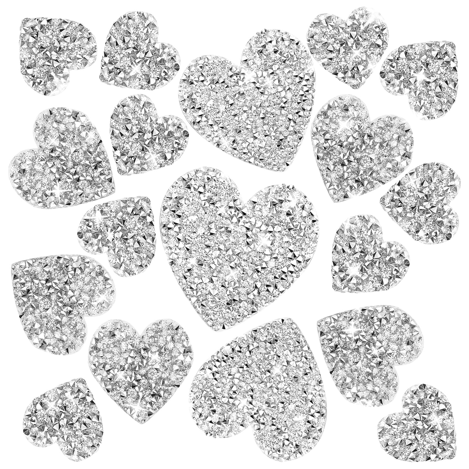 Photo 1 of 18 Pieces Silver Heart Shape Hot Glue Iron On Patches, 4 Size Adhesive Love Rhinestone Glitter Appliques for Clothing Repair Decoration